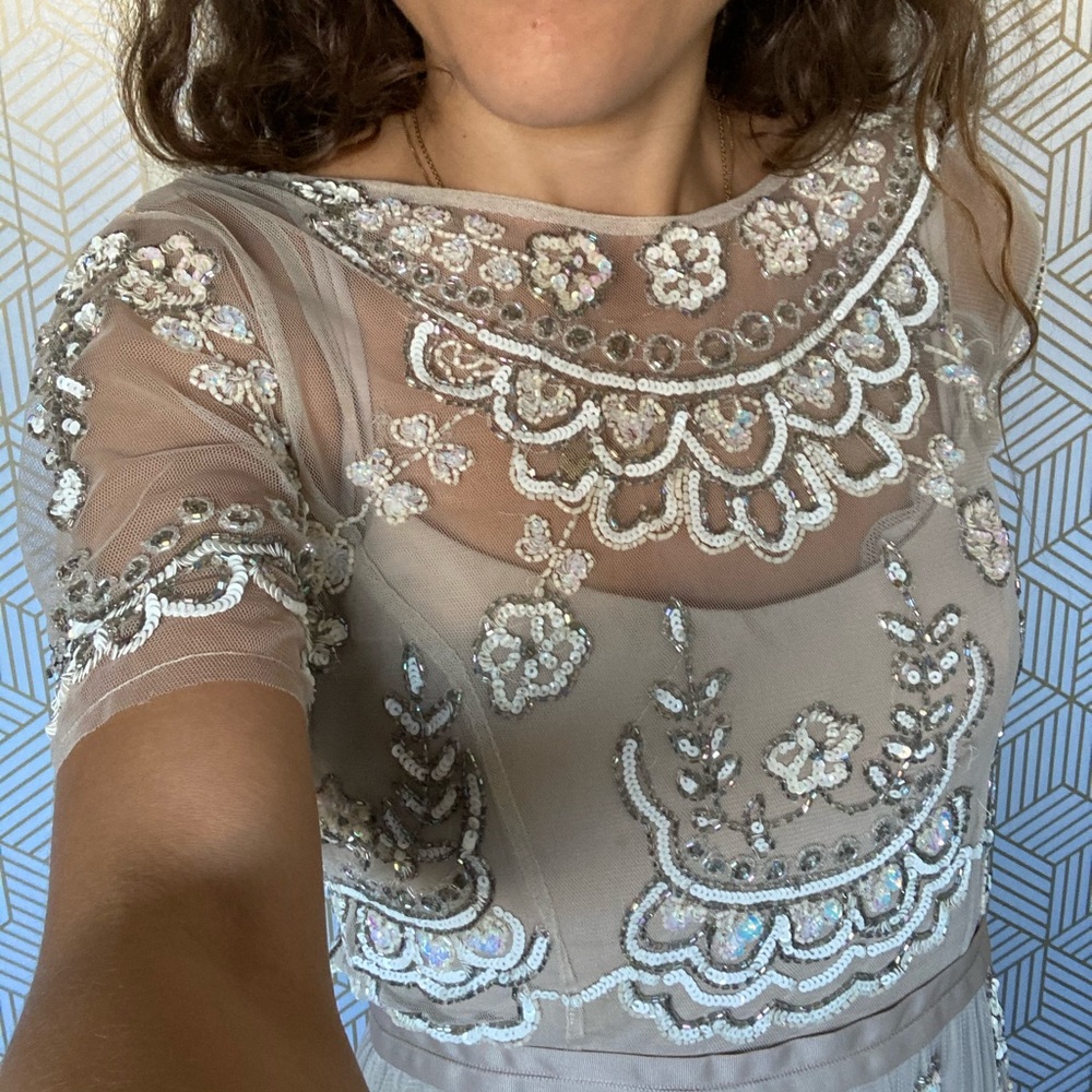 Hand-embellished mesh evening gown